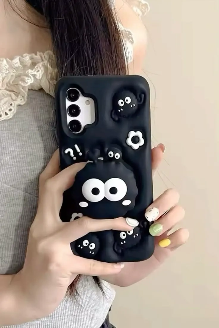  قاب گوشی عروسکی هپل مشکی سیلیکونی با پاپ آپ بزرگ ست شده