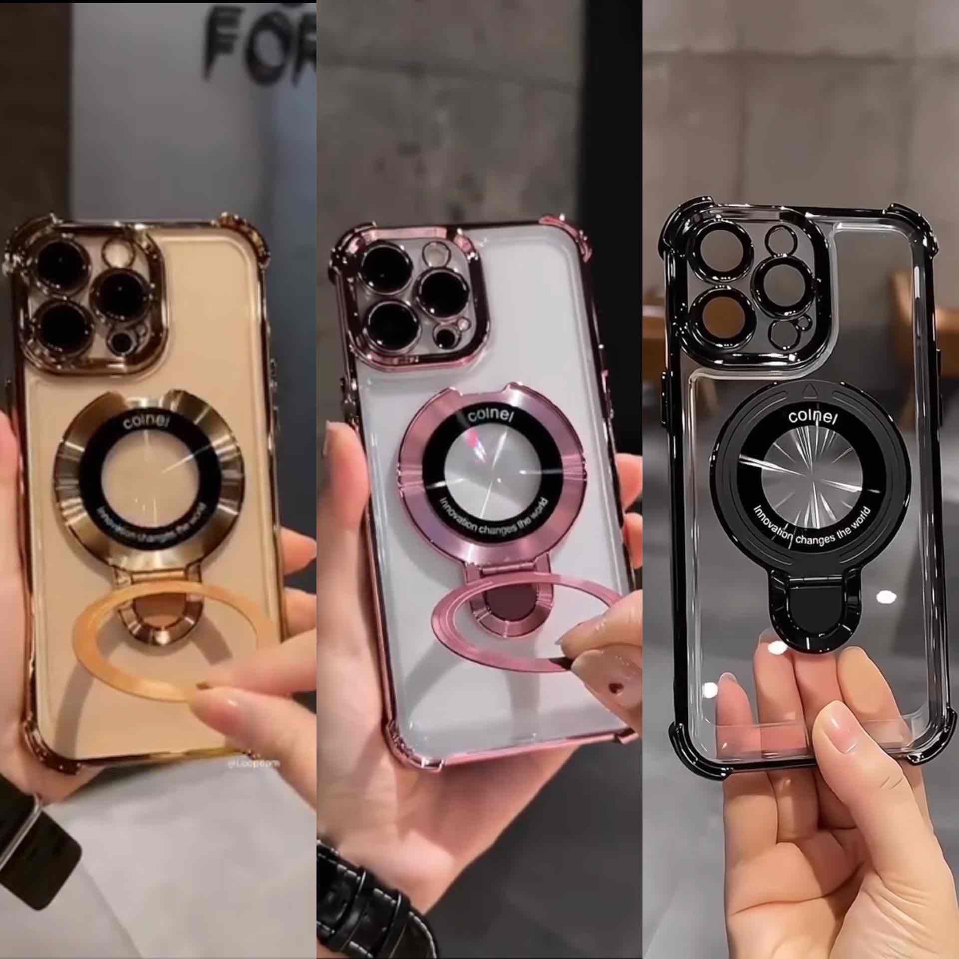 قاب گوشی Aircosion Coinball case شفاف در سه رنگ مشکی و طلایی و رزگلد دارای استند تاشو و ایرکوشن